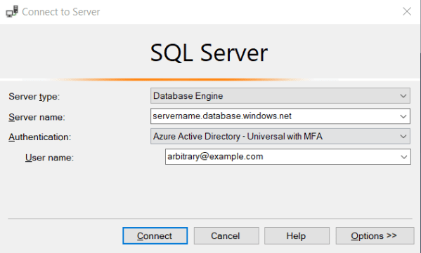 Screenshot of the SQL Server Management Studio connection wizard