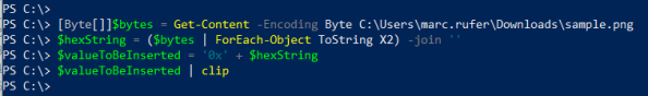 Screenshot of PowerShell commands to convert a byte array to a hex string