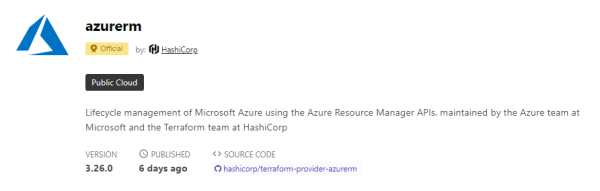 Screenshot of the azurerm provider in terraform registry
