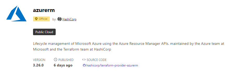 Screenshot of the azurerm provider in terraform registry